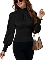 LYANER Women's Shirred Frill Mock Neck Smocked Puff Long Sleeve Blouse Top