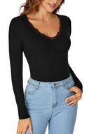 LYANER Women's Long-Sleeved Shirt Fashionable Lace V-Neck Basic Casual Ribbed Knit Top Fashionable and Cute Clothing