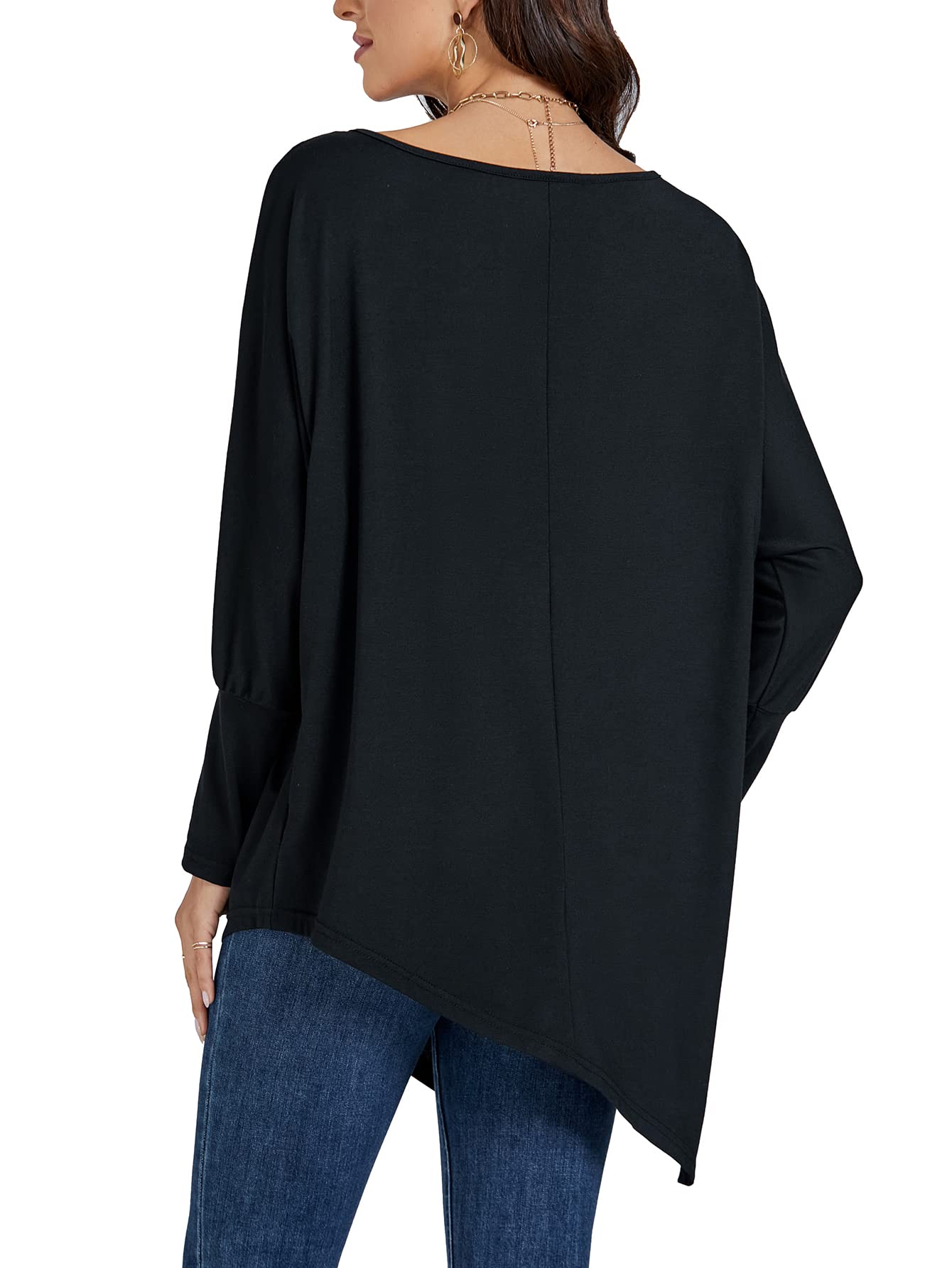 LYANER Women's Boat Neck Asymmetrical Hem Batwing Sleeve Long Sleeve Slit Loose Summer Dress Top Fashionable and Elegant