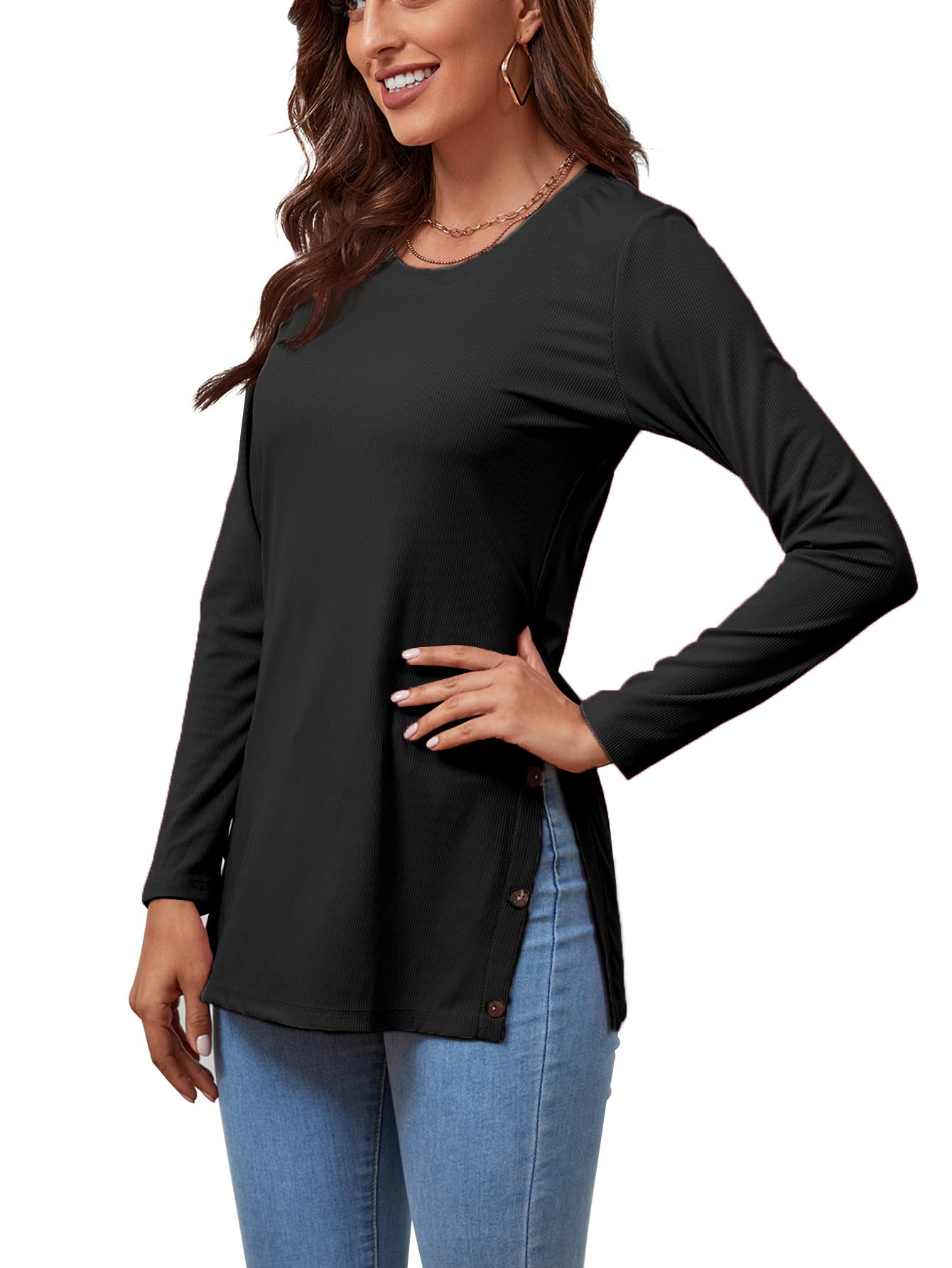 LYANER Women's Button Split Slit Sides Scoop Neck Long Sleeve Blouse Tunic Top