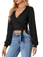 LYANER Women's Fashion Wrap-Around V-Neck Self-Tie Long-Sleeved Ribbed Knit Short Shirt  New Summer Fashion Apparel
