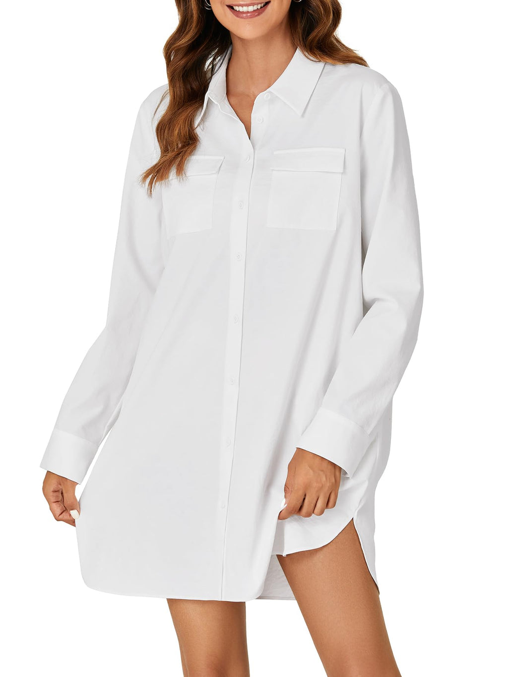 LYANER Women's Button Down Shirt Dresses Collared V Neck Long Sleeve Slit Mini Dress elegantoutfits