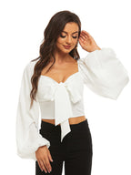 LYANER Women's Tie-Front Pleated Back Lantern Sleeve Short-Sleeve Shirt T-Shirt Summer Fashion