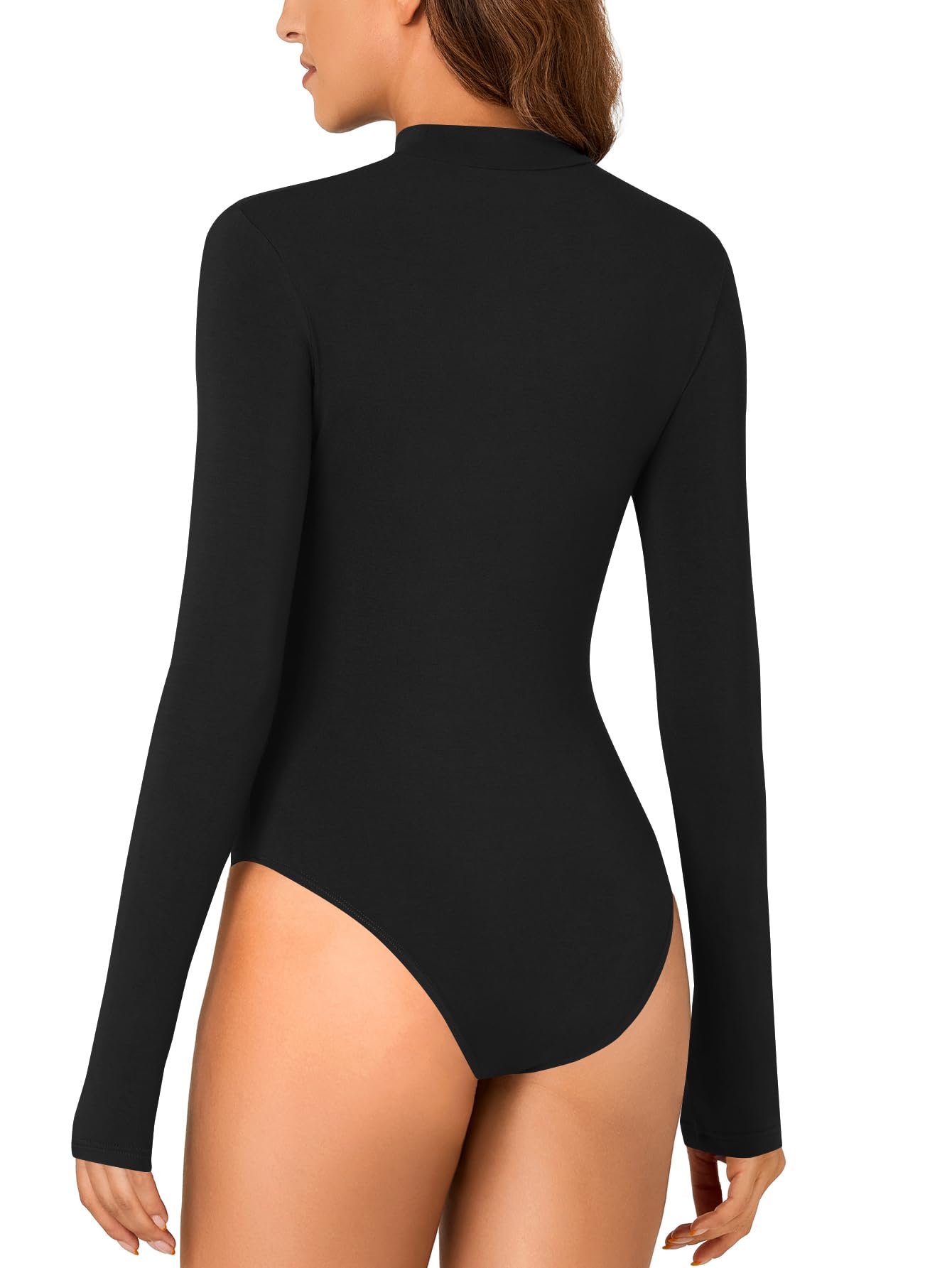 LYANER Women's High Neck Sexy Openwork Front Slit Long Sleeve Form-fitting Jumpsuit Bodysuit Top New Form-fitting Clothing