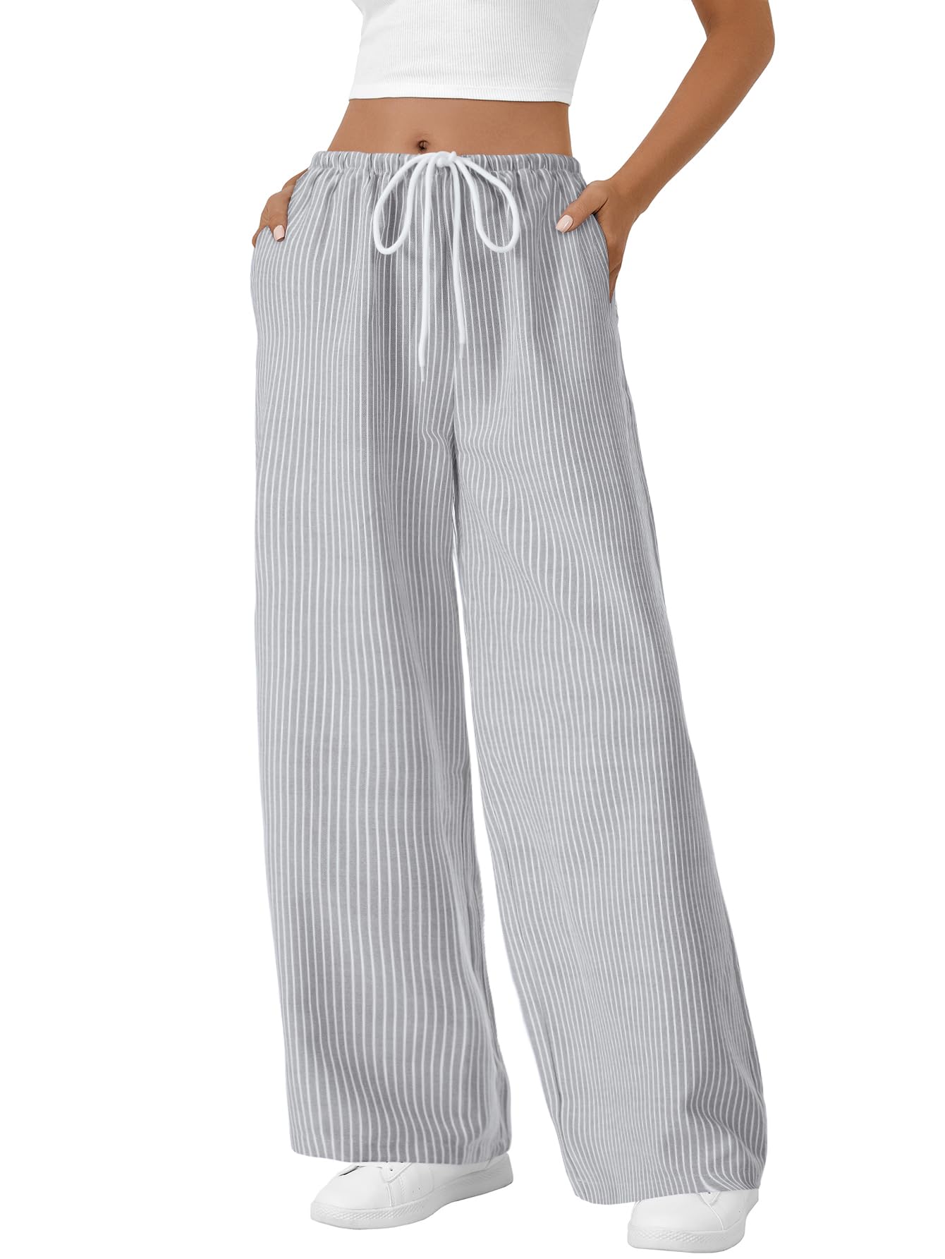 LYANER Women's Wide Leg Striped Pants Casual Drawstring Elastic Low Rise Pajama Pants Lounge Wear Trousers
