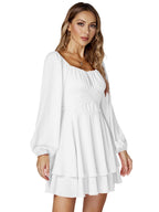 LYANER Women's Lantern Long Sleeve Wrap Tie Back Square Neck Double Layer Ruffle Hem A Line Short Mini Dress