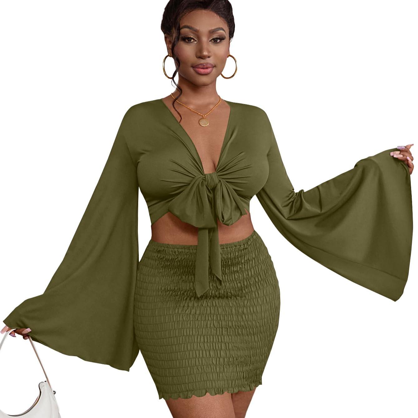 LYANER Women's Two-Piece Set with Tie-Front Slit Long-Sleeved Cropped Top and Mini Skirt Set in Light Green Girly Style Clothing