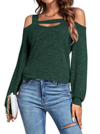 LYANER Women's Fashionable Casual Off-the-Shoulder Openwork Solid Color Long-Sleeved Shirt New Summer Slim-Fit Women's Top