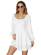 LYANER Women's Lantern Long Sleeve Wrap Tie Back Square Neck Double Layer Ruffle Hem A Line Short Mini Dress