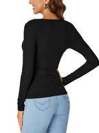 LYANER Women's Long-Sleeved Shirt Fashionable Lace V-Neck Basic Casual Ribbed Knit Top Fashionable and Cute Clothing