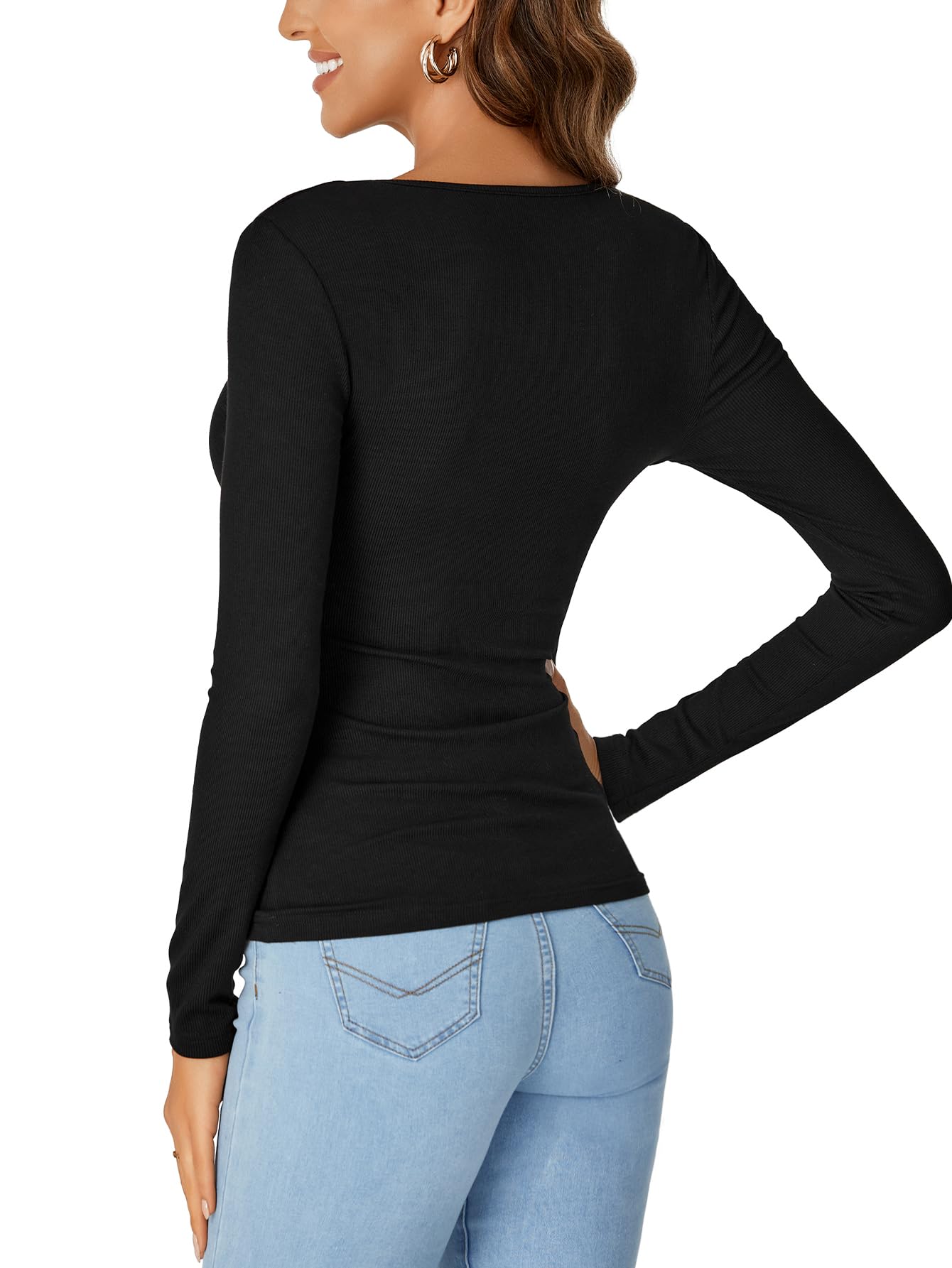 LYANER Women's Long-Sleeved Shirt Fashionable Lace V-Neck Basic Casual Ribbed Knit Top Fashionable and Cute Clothing
