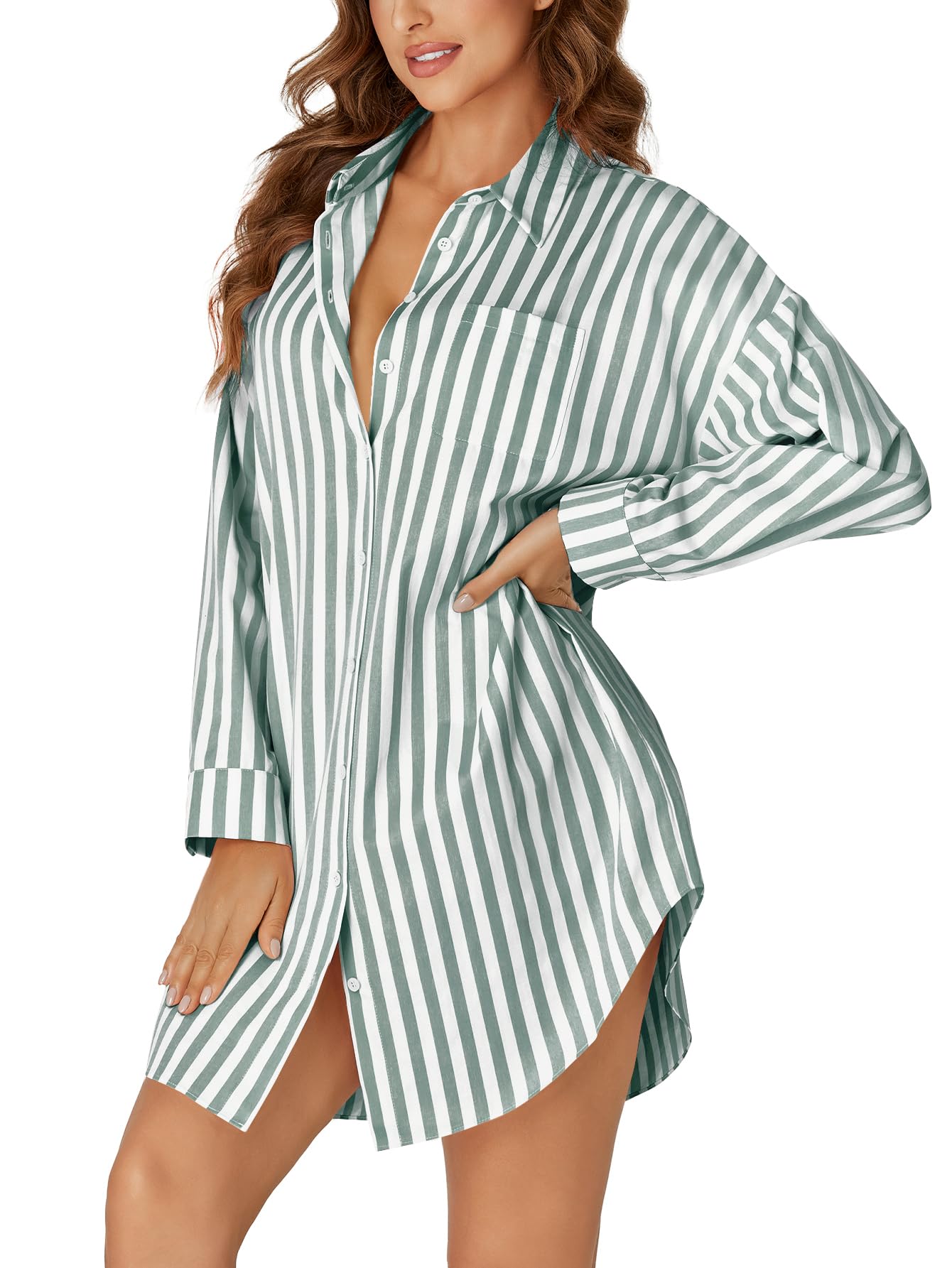 LYANER Women's Striped Nightgown V-neck Fashionable Slim-fit Long-sleeve Nightgown Button-up Casual Nightgown Nightdress