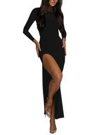 LYANER Women's High-Neck Long-Sleeve Split Hem Layered Hemline Cocktail Long Dress Summer Slim-Fit Fashionable Pure Black Long Dress