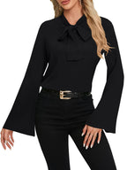 LYANER Women's Elegant Bow Neck High Neck Bell Sleeve  New Summer Clothing Sexy American Long Sleeve Shirt Top