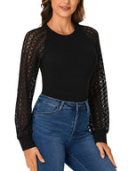 LYANER Women's Crew Neck Bodysuit Lace Hollow Out Long Sleeve Slim Fit Stretchy Leotards Tops