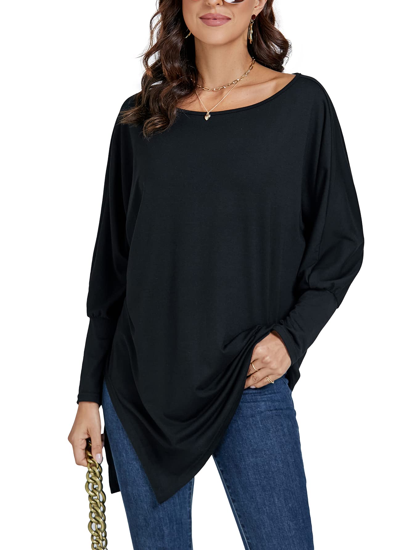 LYANER Women's Boat Neck Asymmetrical Hem Batwing Sleeve Long Sleeve Slit Loose Summer Dress Top Fashionable and Elegant