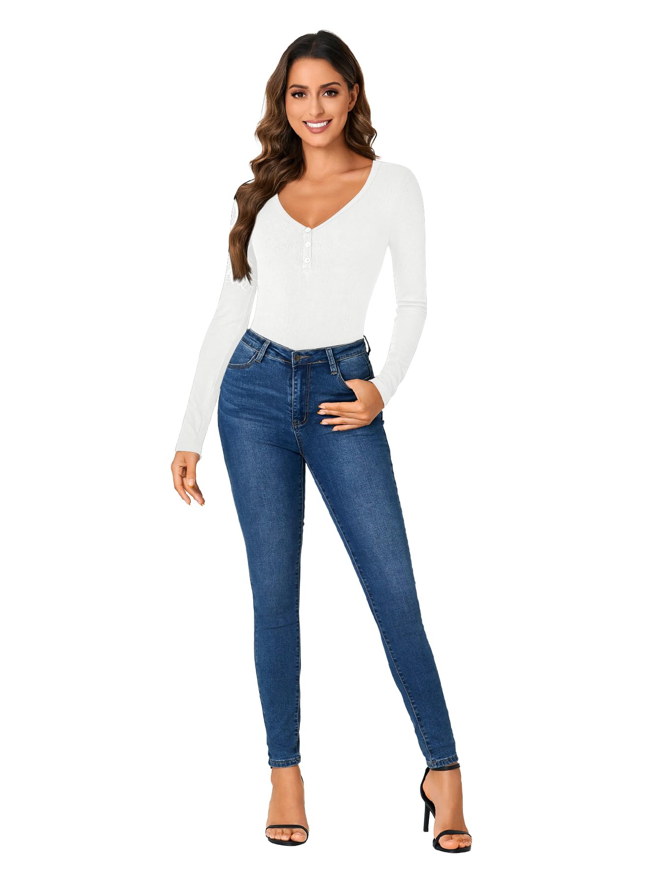 LYANER Women's Henry Neck Shirt Sexy Fashion Long Sleeve Jumpsuit V-neck Button-up Jumpsuit Summer Clothing Slim-fit