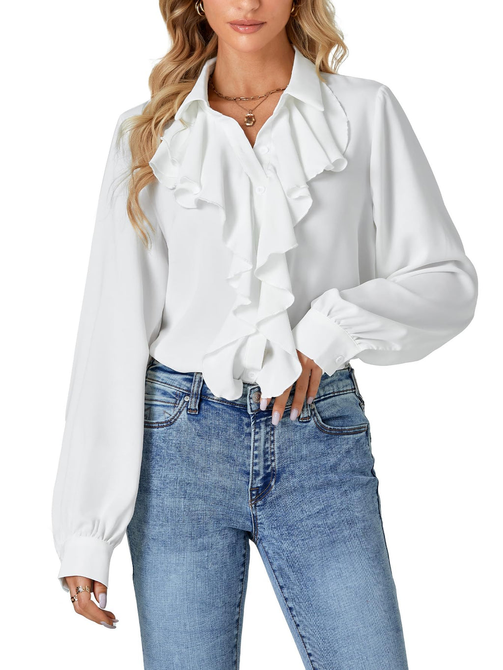 LYANER Women's Dressy Ruffle Blouse Long Sleeve Collar Neck Button Down Victorian Shirt Tops