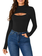 LYANER Women's High Neck Sexy Openwork Front Slit Long Sleeve Form-fitting Jumpsuit Bodysuit Top New Form-fitting Clothing