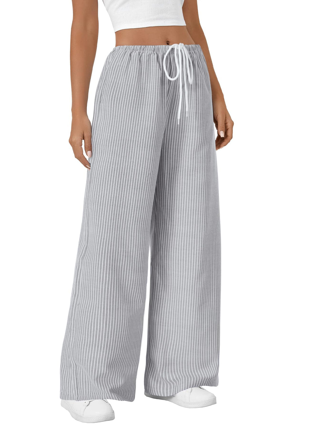 LYANER Women's Wide Leg Striped Pants Casual Drawstring Elastic Low Rise Pajama Pants Lounge Wear Trousers