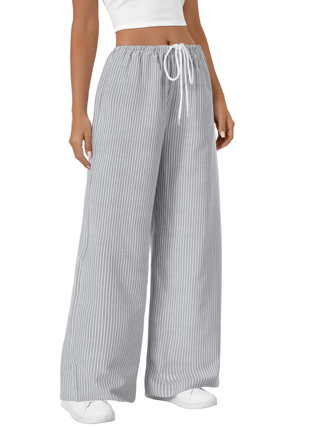 LYANER Women's Wide Leg Striped Pants Casual Drawstring Elastic Low Rise Pajama Pants Lounge Wear Trousers