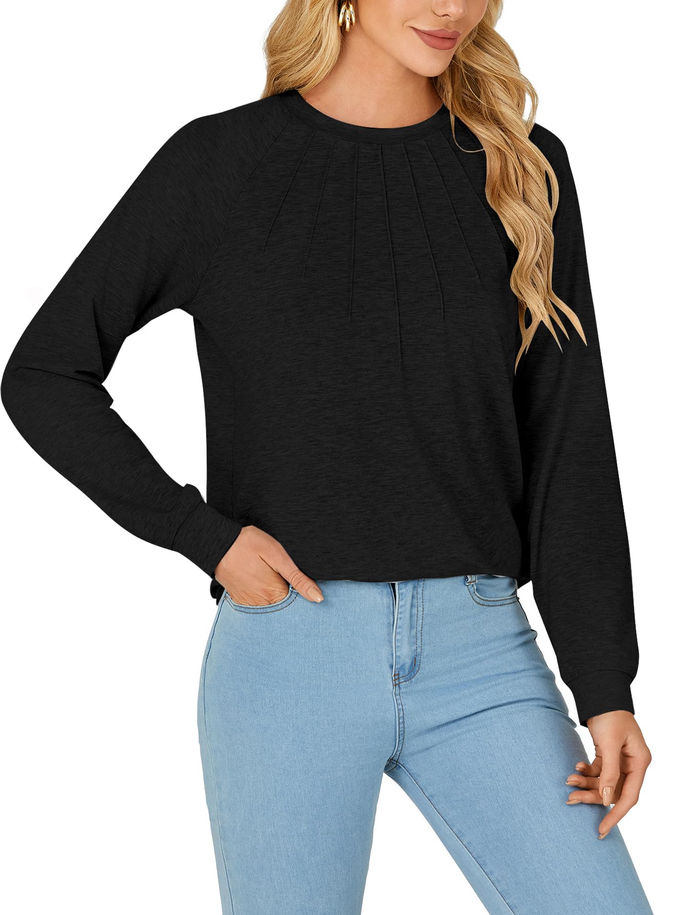 LYANER Women's Fashion Long Sleeve Shirt Round Neck Pleated T-Shirt Summer Fashion Women's Clothing