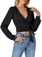 LYANER Women's Fashion Wrap-Around V-Neck Self-Tie Long-Sleeved Ribbed Knit Short Shirt  New Summer Fashion Apparel