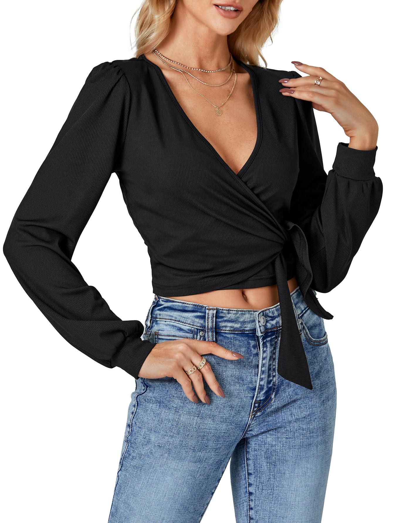 LYANER Women's Fashion Wrap-Around V-Neck Self-Tie Long-Sleeved Ribbed Knit Short Shirt  New Summer Fashion Apparel