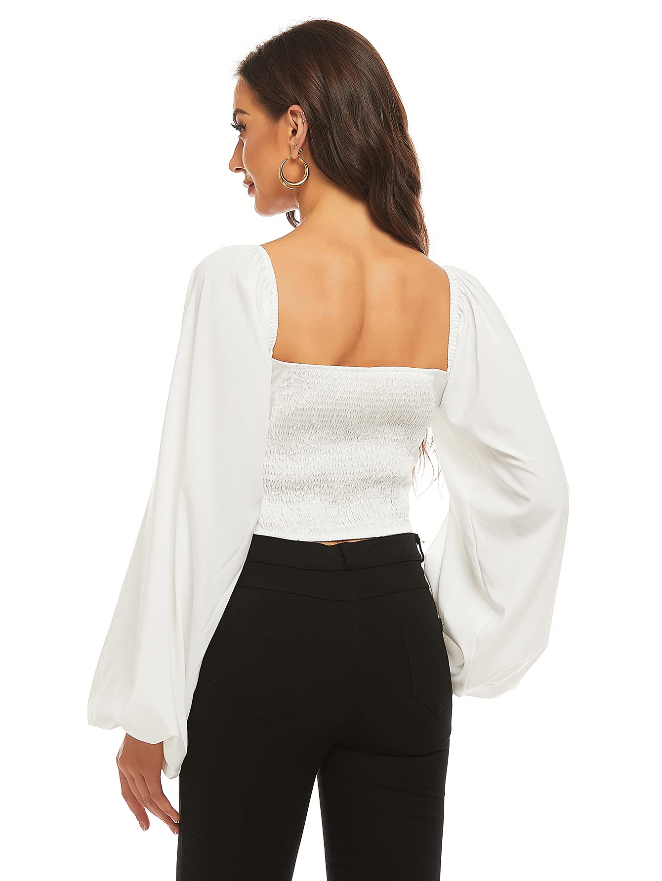 LYANER Women's Tie-Front Pleated Back Lantern Sleeve Short-Sleeve Shirt T-Shirt Summer Fashion