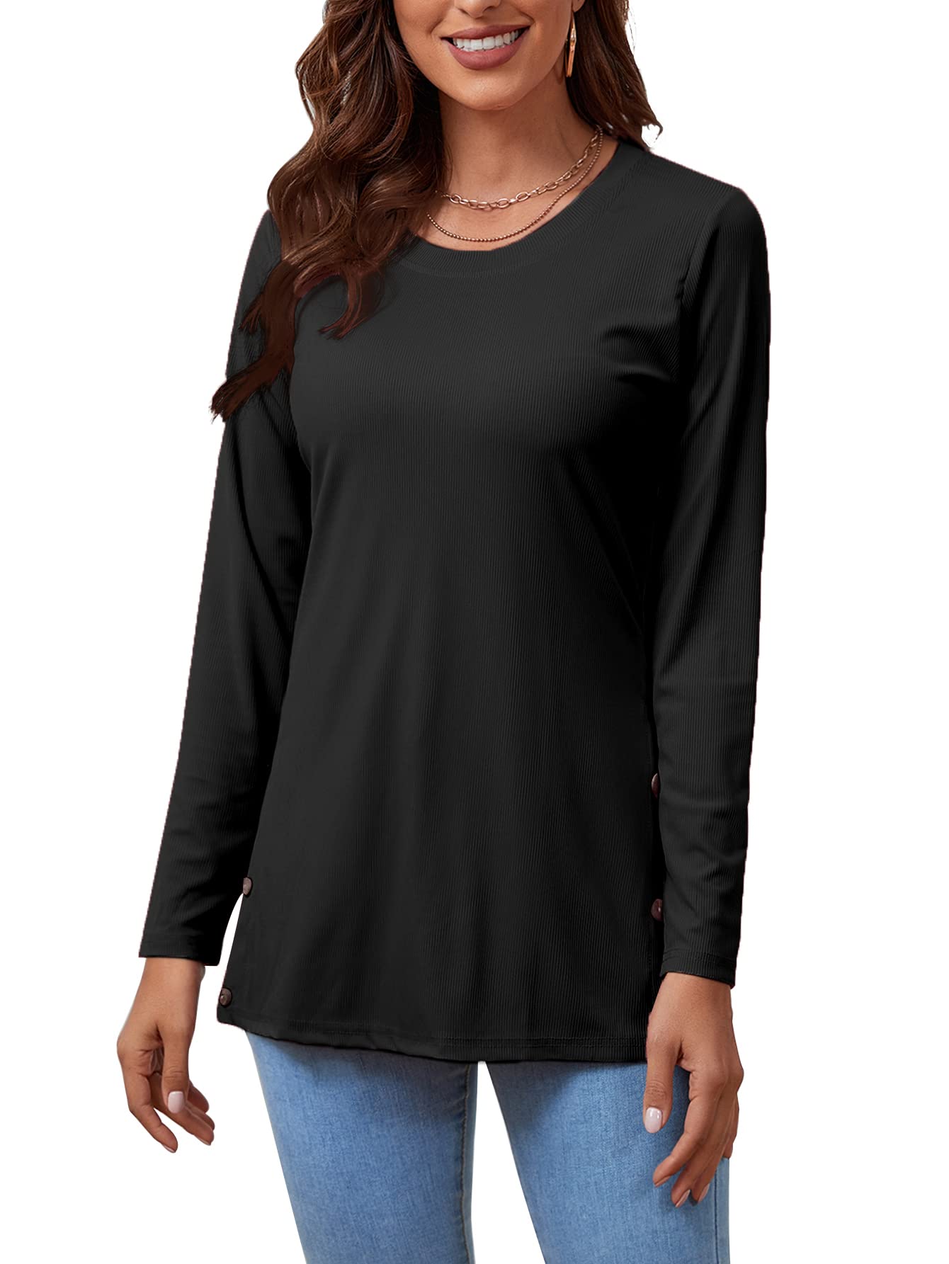 LYANER Women's Button Split Slit Sides Scoop Neck Long Sleeve Blouse Tunic Top