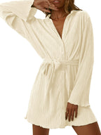 LYANER Women's Collar V Neck Button Down Pleated Long Sleeve Mini Shirt Dress with Belt