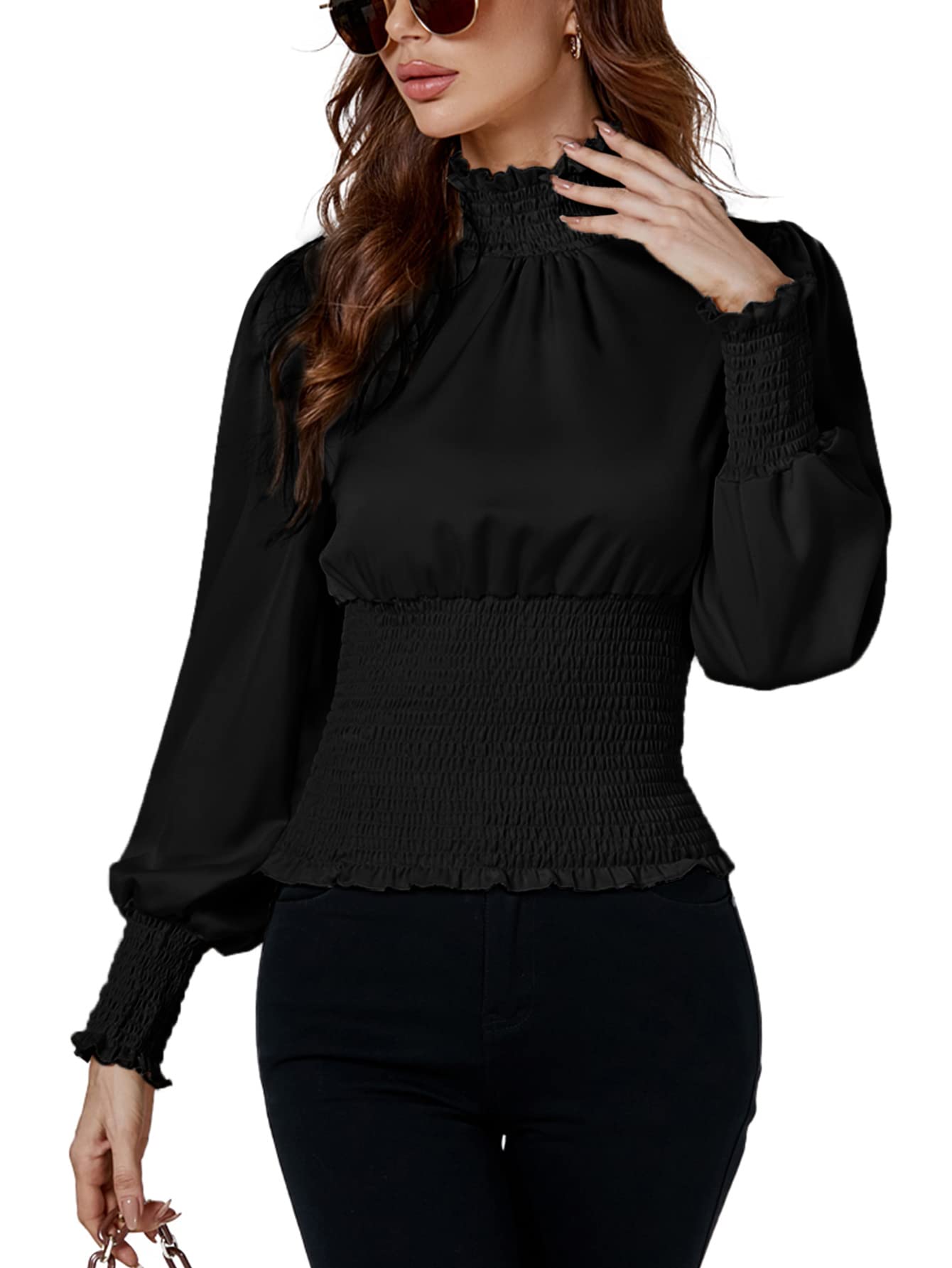 LYANER Women's Shirred Frill Mock Neck Smocked Puff Long Sleeve Blouse Top