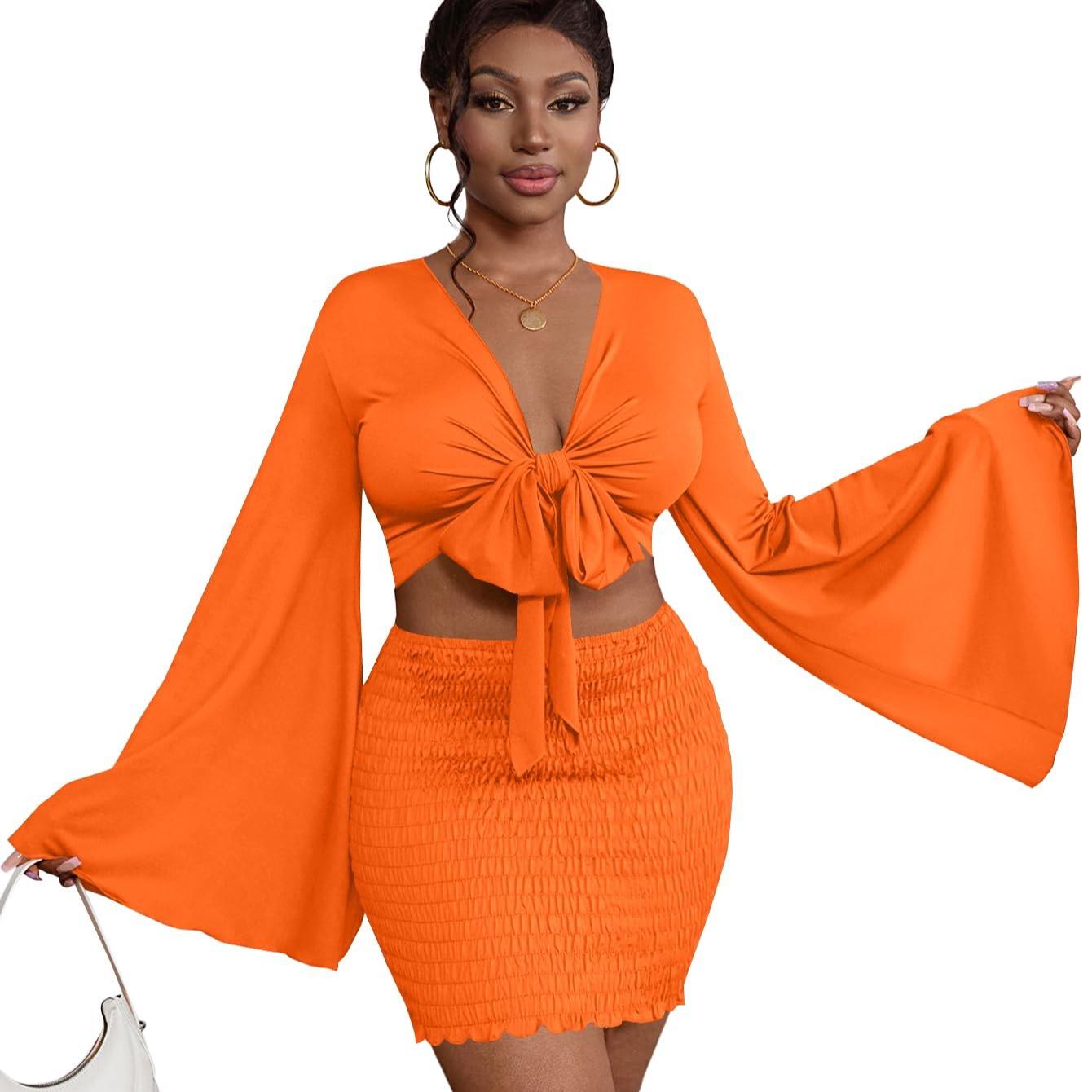 LYANER Women's Two-Piece Set with Tie-Front Slit Long-Sleeved Cropped Top and Mini Skirt Set in Light Green Girly Style Clothing