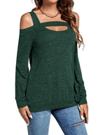 LYANER Women's Fashionable Casual Off-the-Shoulder Openwork Solid Color Long-Sleeved Shirt New Summer Slim-Fit Women's Top