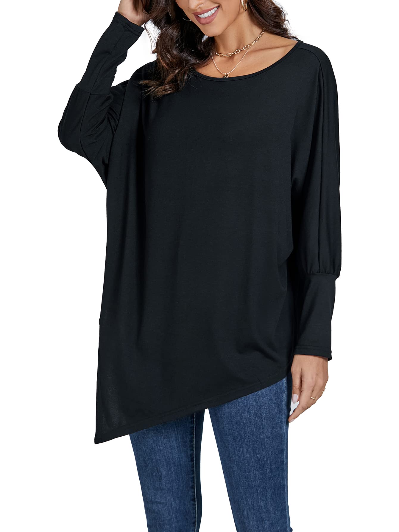 LYANER Women's Boat Neck Asymmetrical Hem Batwing Sleeve Long Sleeve Slit Loose Summer Dress Top Fashionable and Elegant
