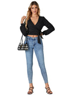 LYANER Women's Fashion Wrap-Around V-Neck Self-Tie Long-Sleeved Ribbed Knit Short Shirt  New Summer Fashion Apparel
