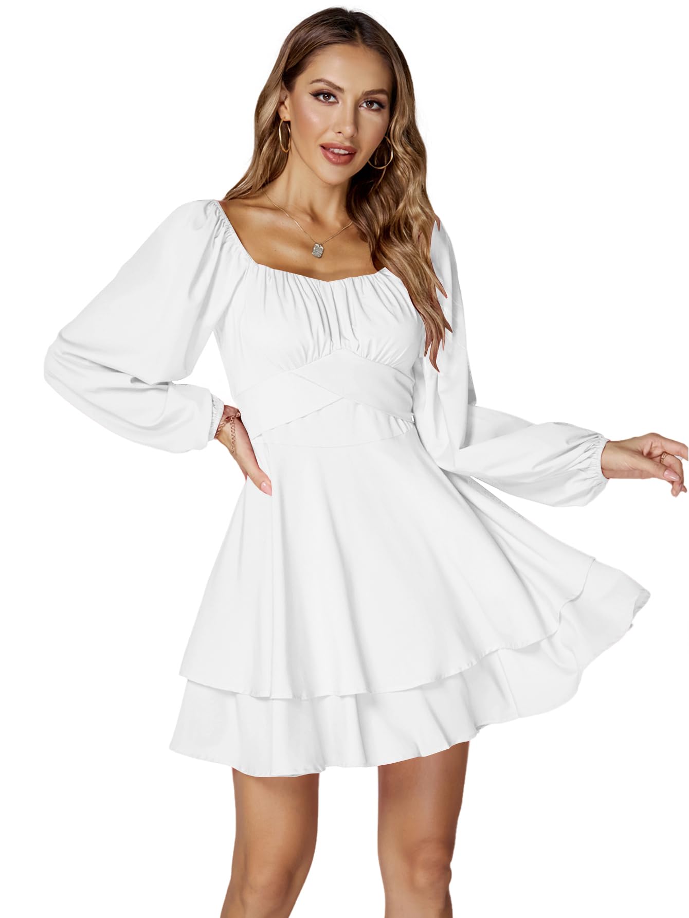 LYANER Women's Lantern Long Sleeve Wrap Tie Back Square Neck Double Layer Ruffle Hem A Line Short Mini Dress