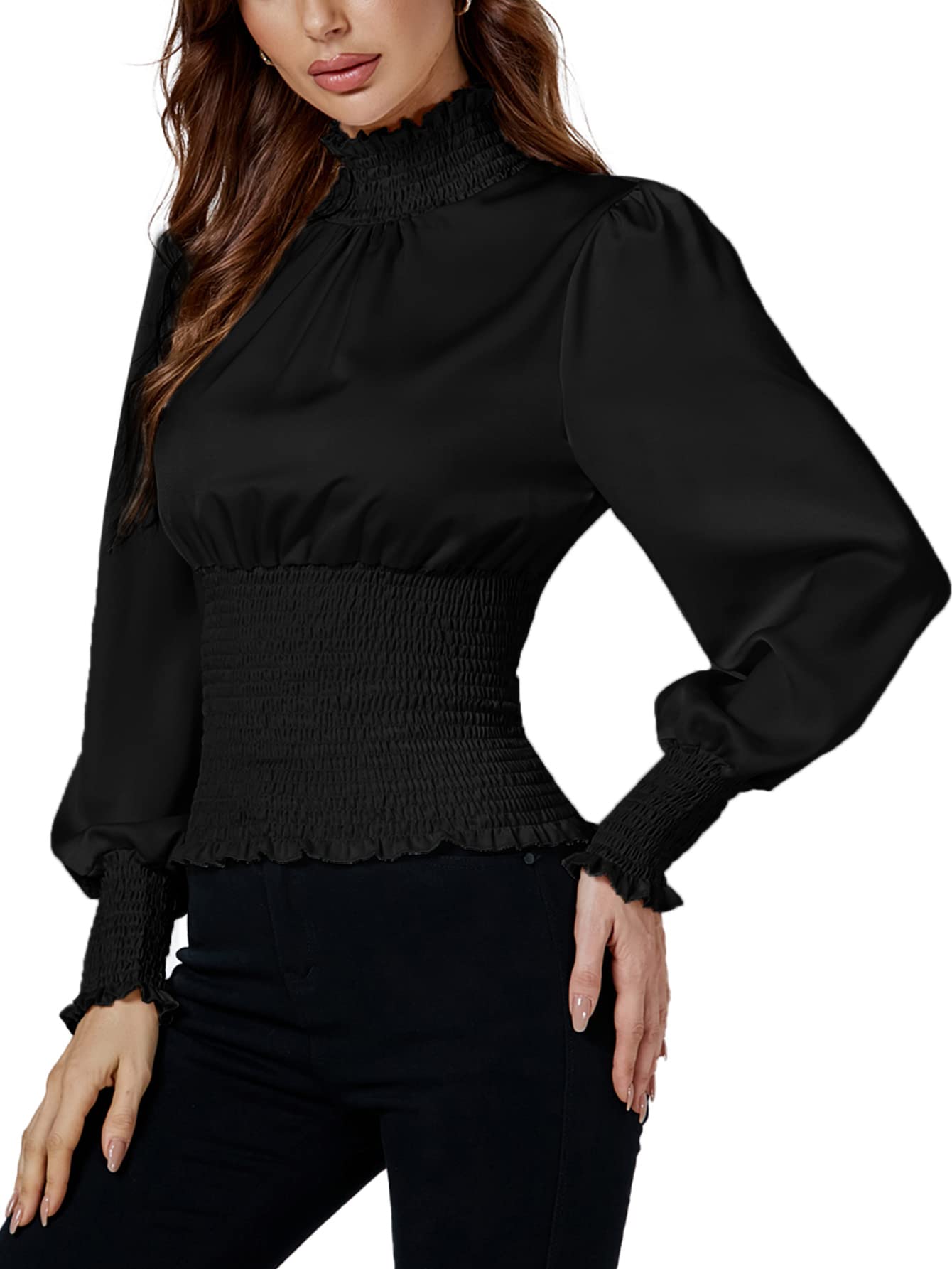 LYANER Women's Shirred Frill Mock Neck Smocked Puff Long Sleeve Blouse Top