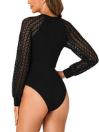 LYANER Women's Crew Neck Bodysuit Lace Hollow Out Long Sleeve Slim Fit Stretchy Leotards Tops