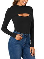 LYANER Women's High Neck Sexy Openwork Front Slit Long Sleeve Form-fitting Jumpsuit Bodysuit Top New Form-fitting Clothing