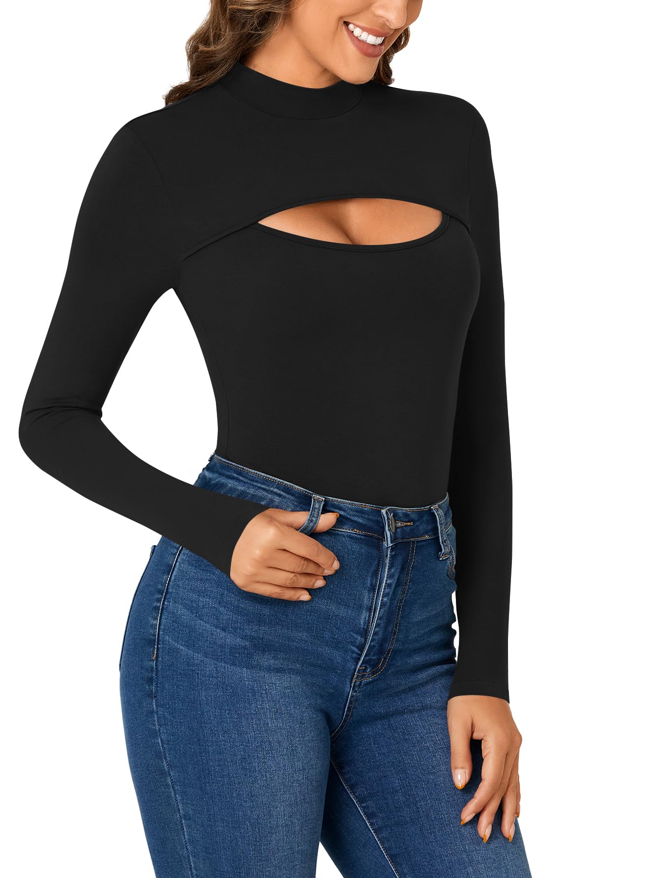 LYANER Women's High Neck Sexy Openwork Front Slit Long Sleeve Form-fitting Jumpsuit Bodysuit Top New Form-fitting Clothing