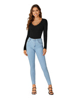 LYANER Women's Long-Sleeved Shirt Fashionable Lace V-Neck Basic Casual Ribbed Knit Top Fashionable and Cute Clothing