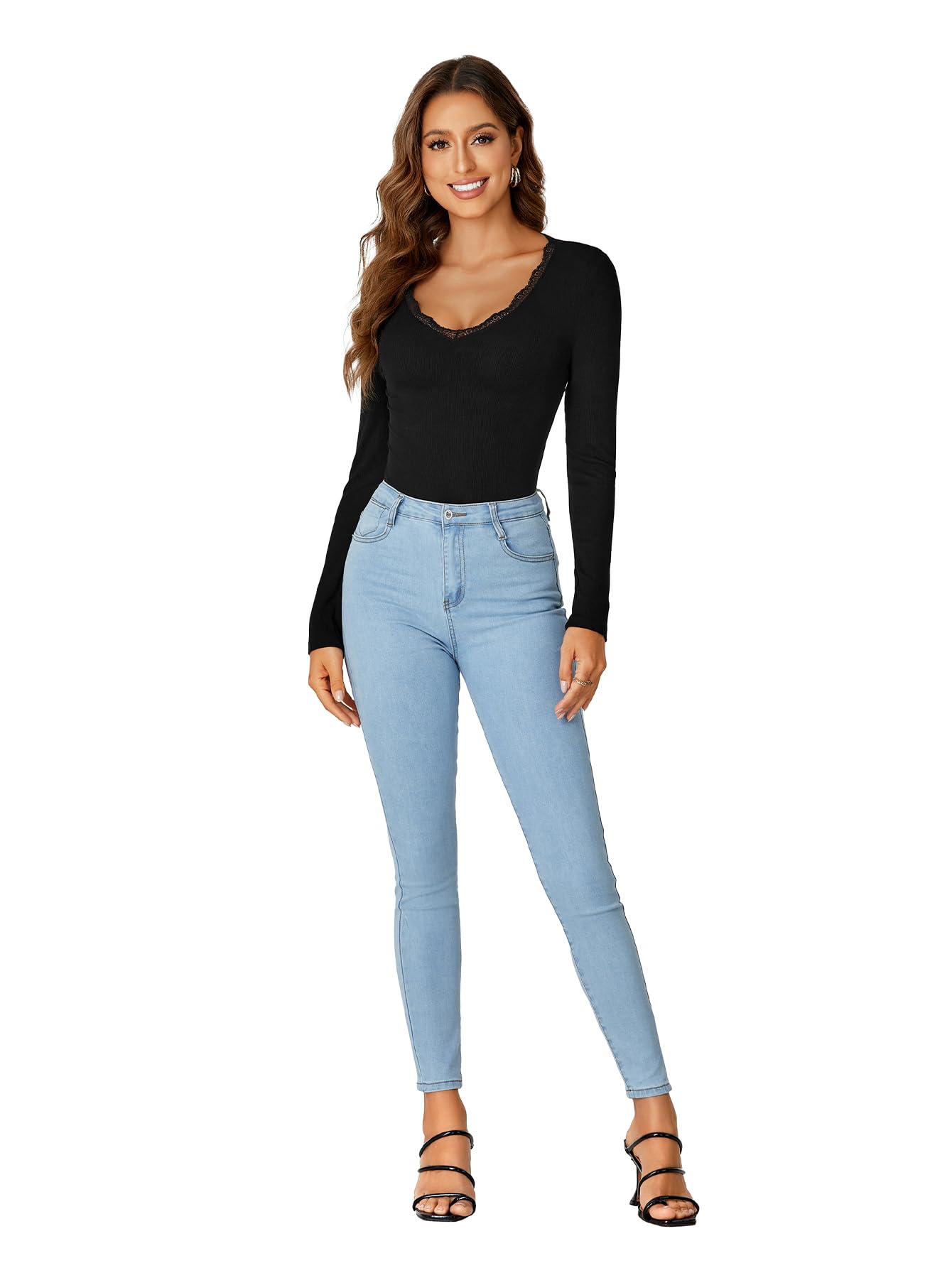 LYANER Women's Long-Sleeved Shirt Fashionable Lace V-Neck Basic Casual Ribbed Knit Top Fashionable and Cute Clothing