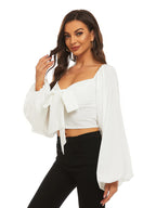 LYANER Women's Tie-Front Pleated Back Lantern Sleeve Short-Sleeve Shirt T-Shirt Summer Fashion