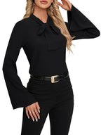 LYANER Women's Elegant Bow Neck High Neck Bell Sleeve  New Summer Clothing Sexy American Long Sleeve Shirt Top