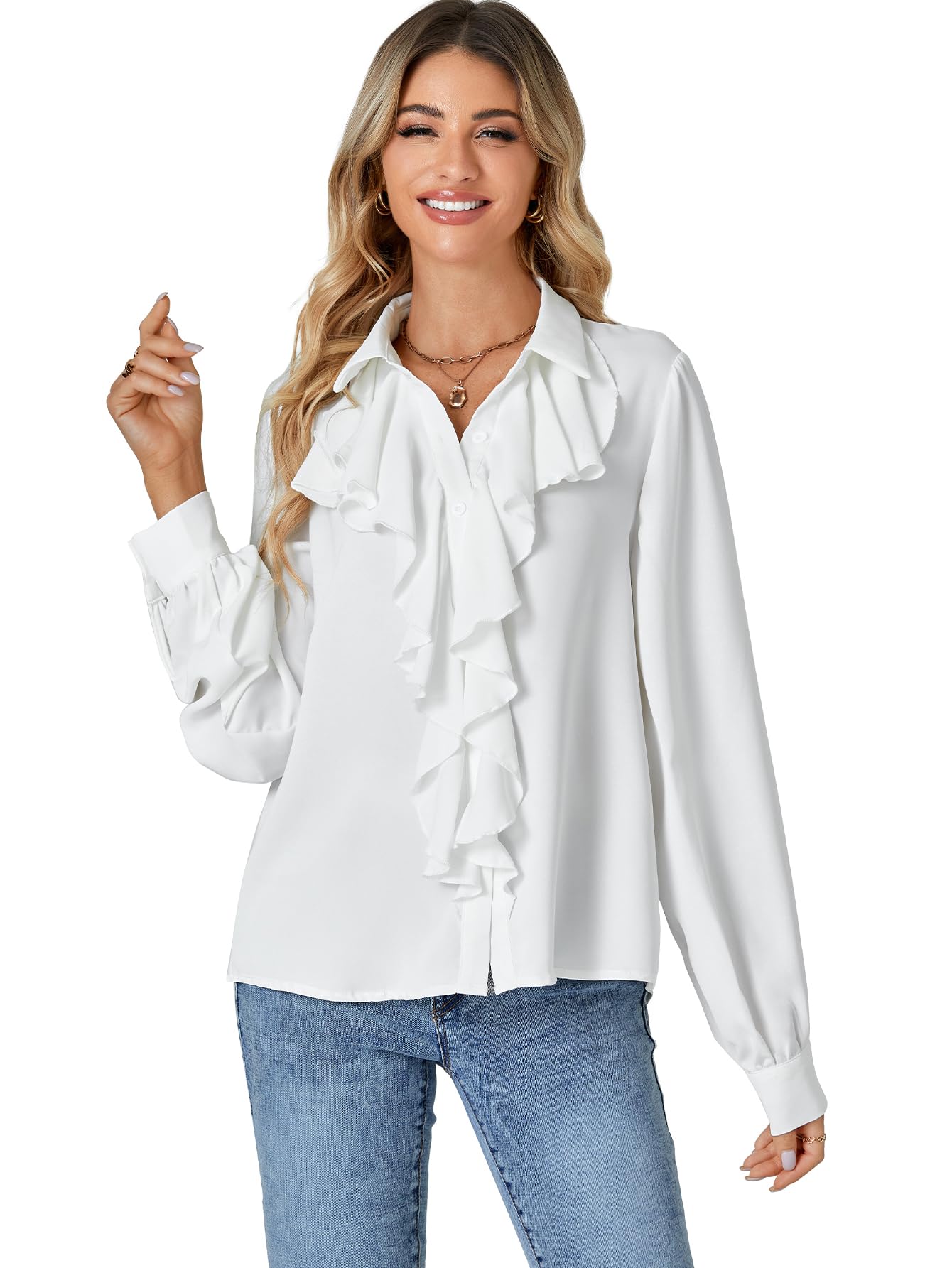 LYANER Women's Dressy Ruffle Blouse Long Sleeve Collar Neck Button Down Victorian Shirt Tops
