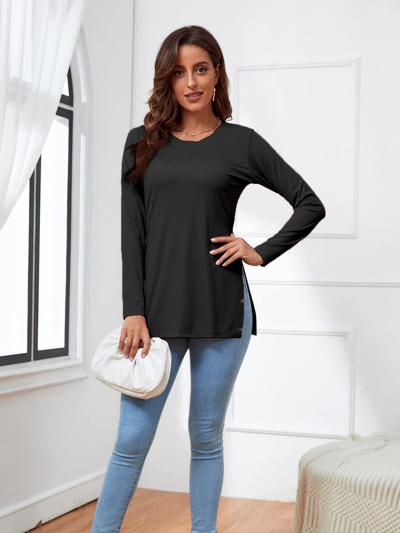LYANER Women's Button Split Slit Sides Scoop Neck Long Sleeve Blouse Tunic Top