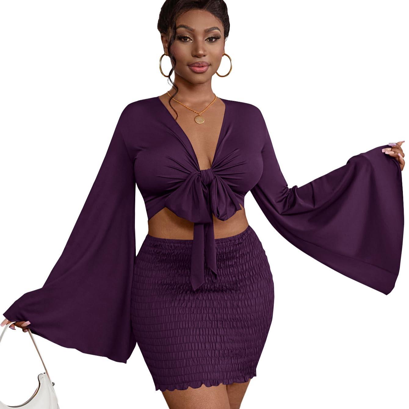 LYANER Women's Two-Piece Set with Tie-Front Slit Long-Sleeved Cropped Top and Mini Skirt Set in Light Green Girly Style Clothing