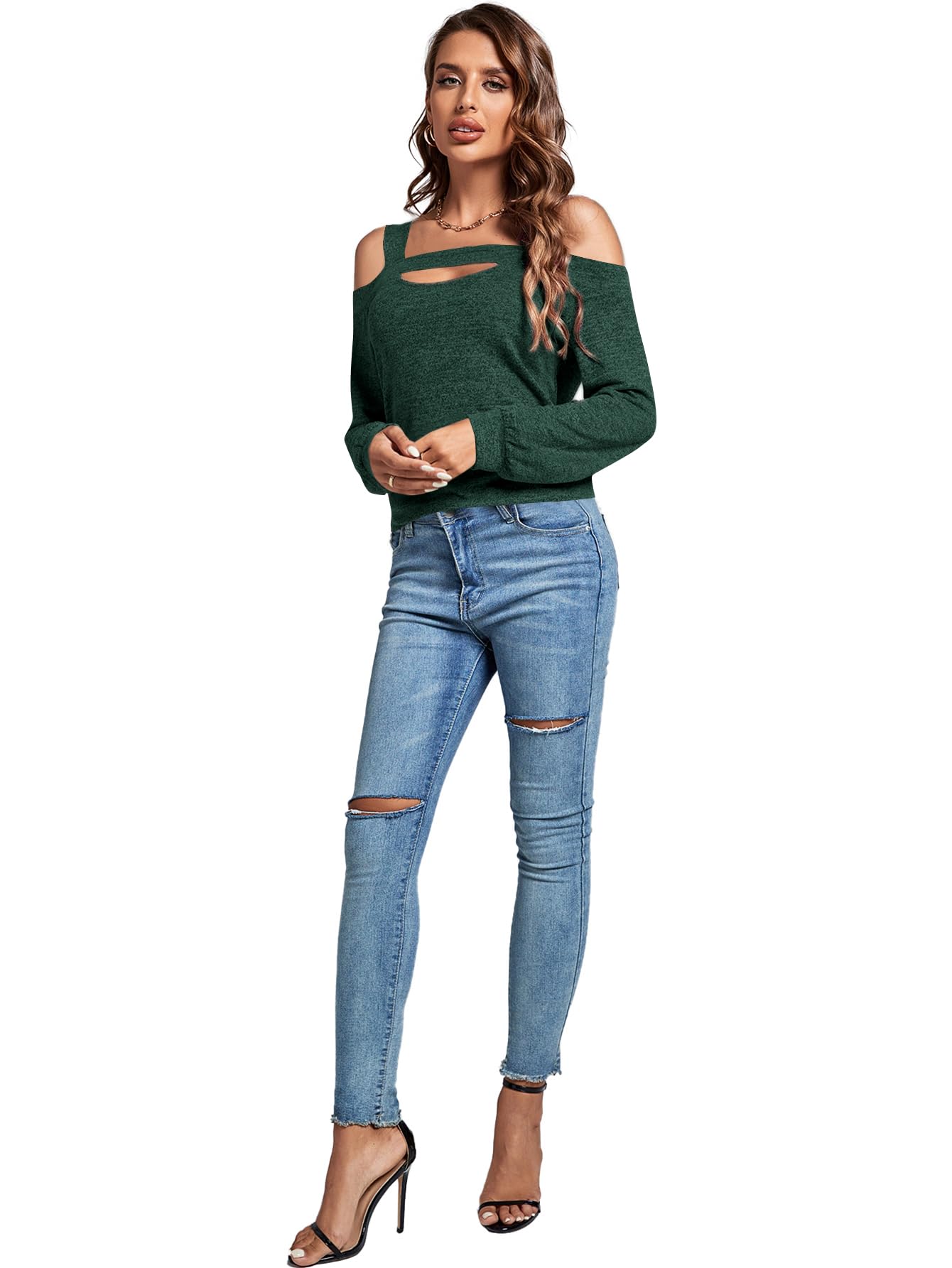 LYANER Women's Fashionable Casual Off-the-Shoulder Openwork Solid Color Long-Sleeved Shirt New Summer Slim-Fit Women's Top