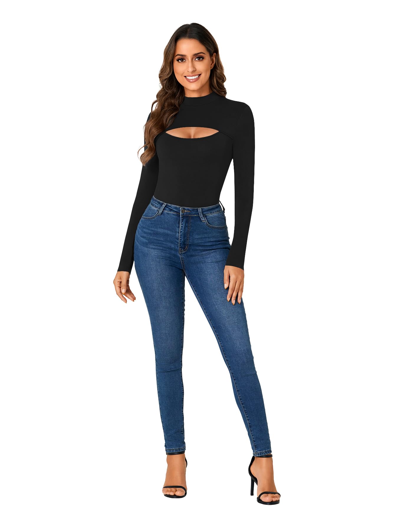 LYANER Women's High Neck Sexy Openwork Front Slit Long Sleeve Form-fitting Jumpsuit Bodysuit Top New Form-fitting Clothing
